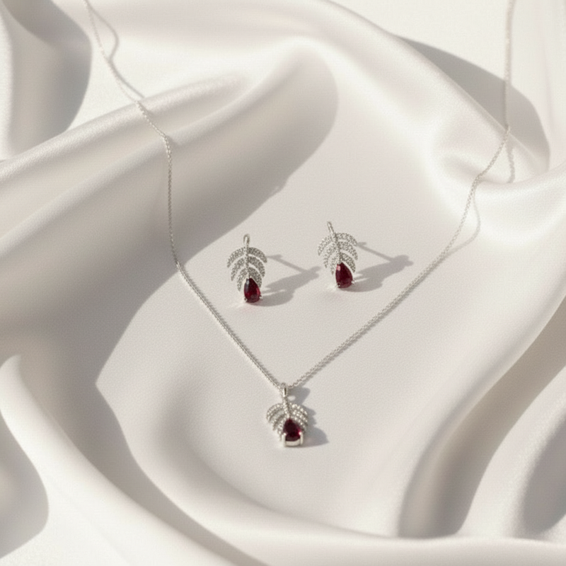 Palm leaves earrings and necklace set in Red