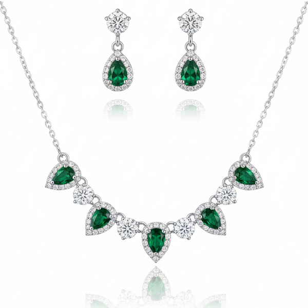 Cinque tear gemstone earrings and necklace set - Green