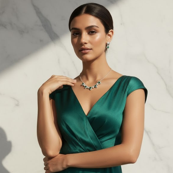 Cinque tear gemstone earrings and necklace set - Green