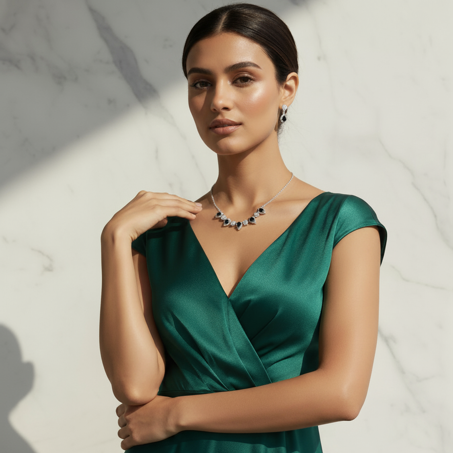 Cinque tear gemstone earrings and necklace set - Black