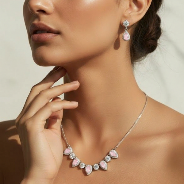 Cinque tear gemstone earrings and necklace set - Pink