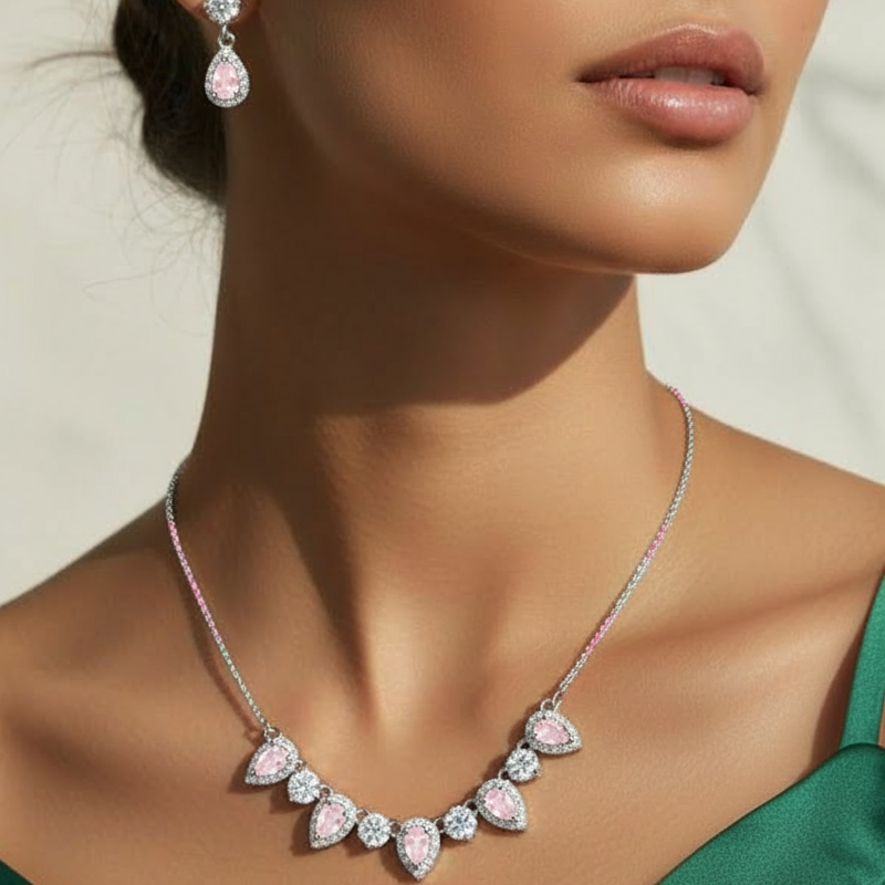 Cinque tear gemstone earrings and necklace set - Pink