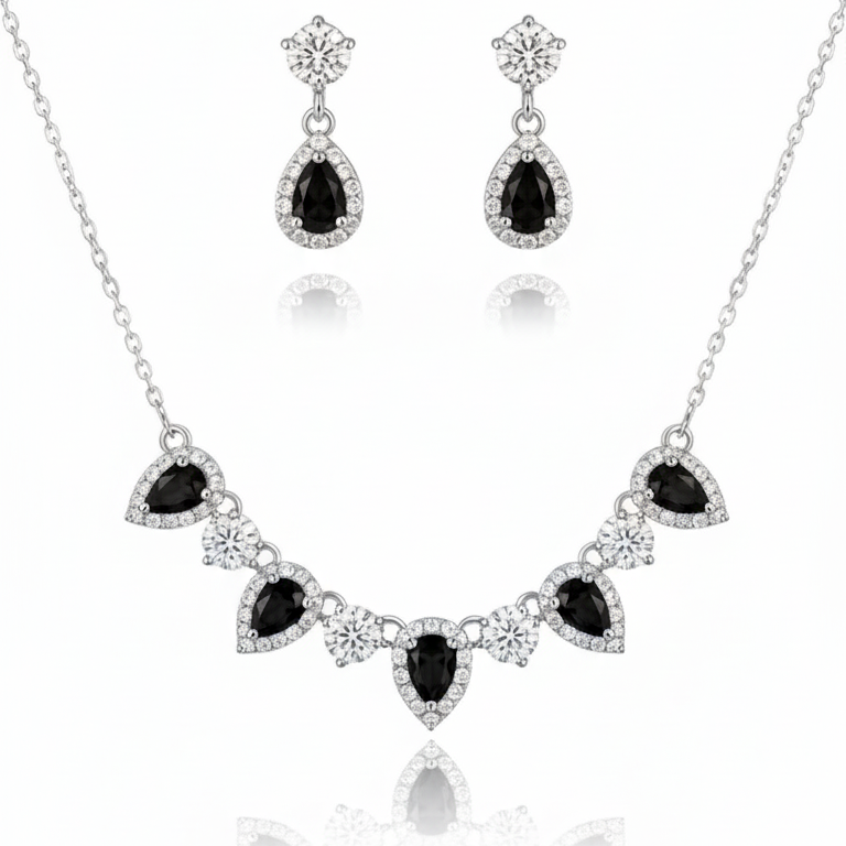 Cinque tear gemstone earrings and necklace set - Black