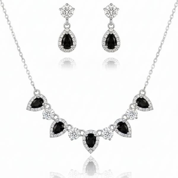 Cinque tear gemstone earrings and necklace set - Black