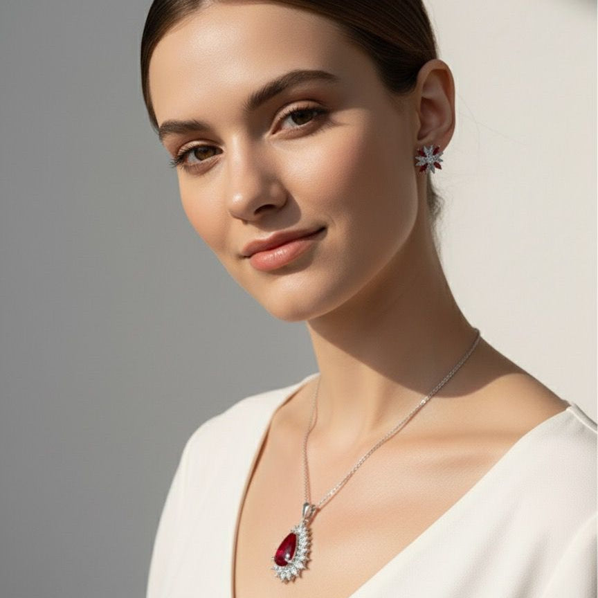 Woman wearing a necklace with a red gemstone against a neutral background