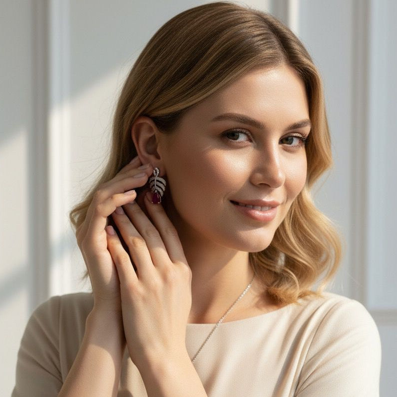 Woman adjusting earrings in a softly lit room