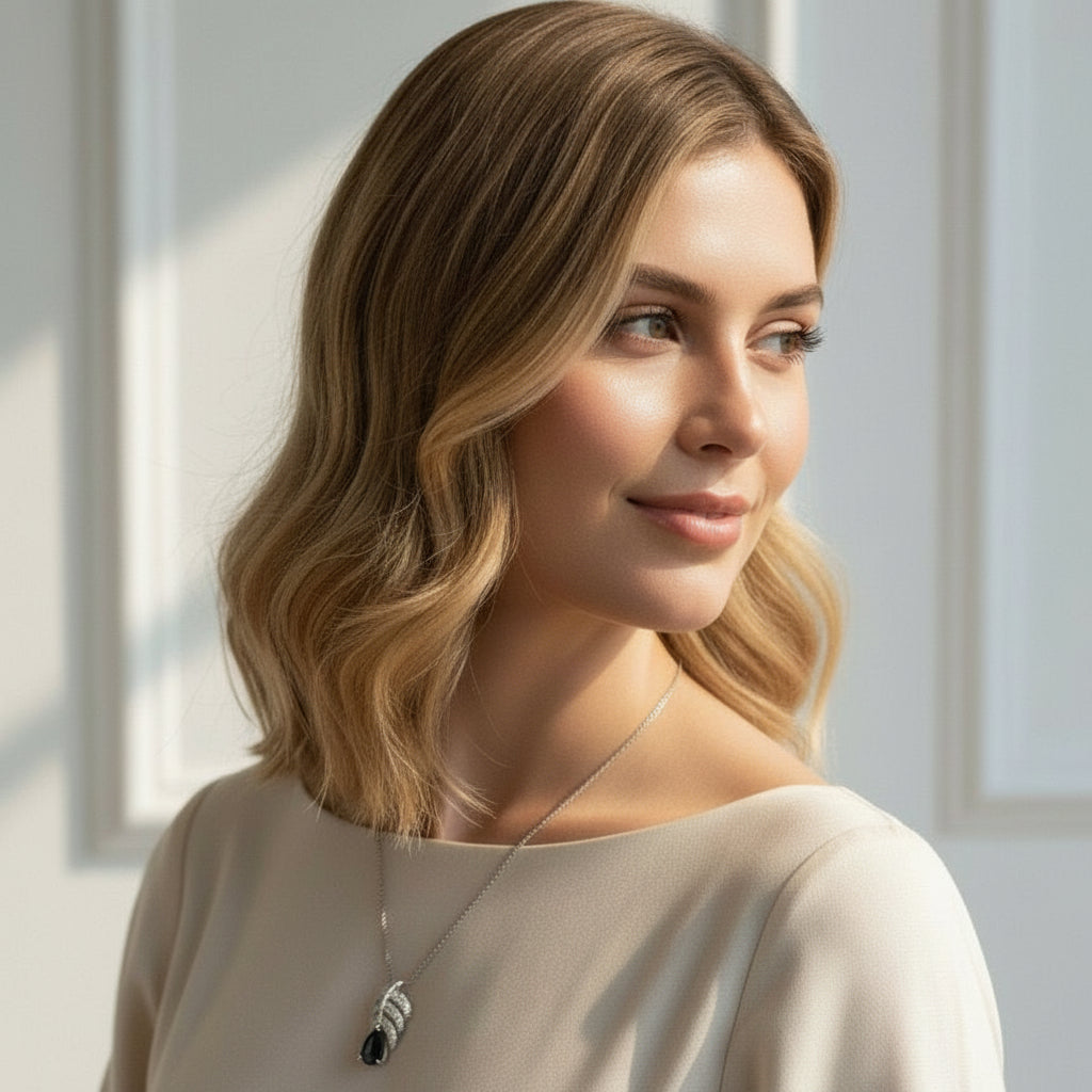 Woman wearing a necklace with a pendant in a bright room