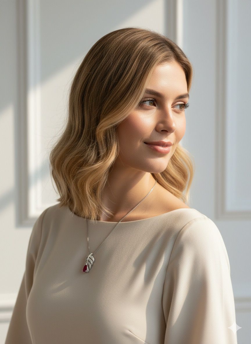 Woman wearing a necklace with a pendant in a bright room