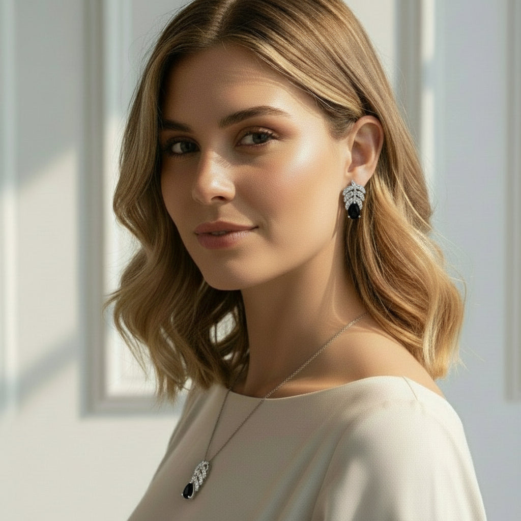 Palm leaves earrings and necklace set in Black