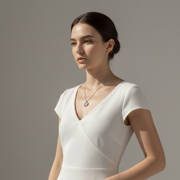 Woman wearing a white dress against a plain background