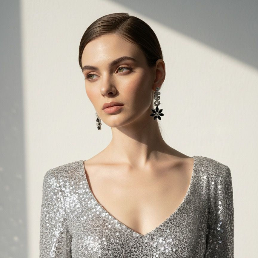Woman wearing a silver sequin dress with long sleeves against a neutral background