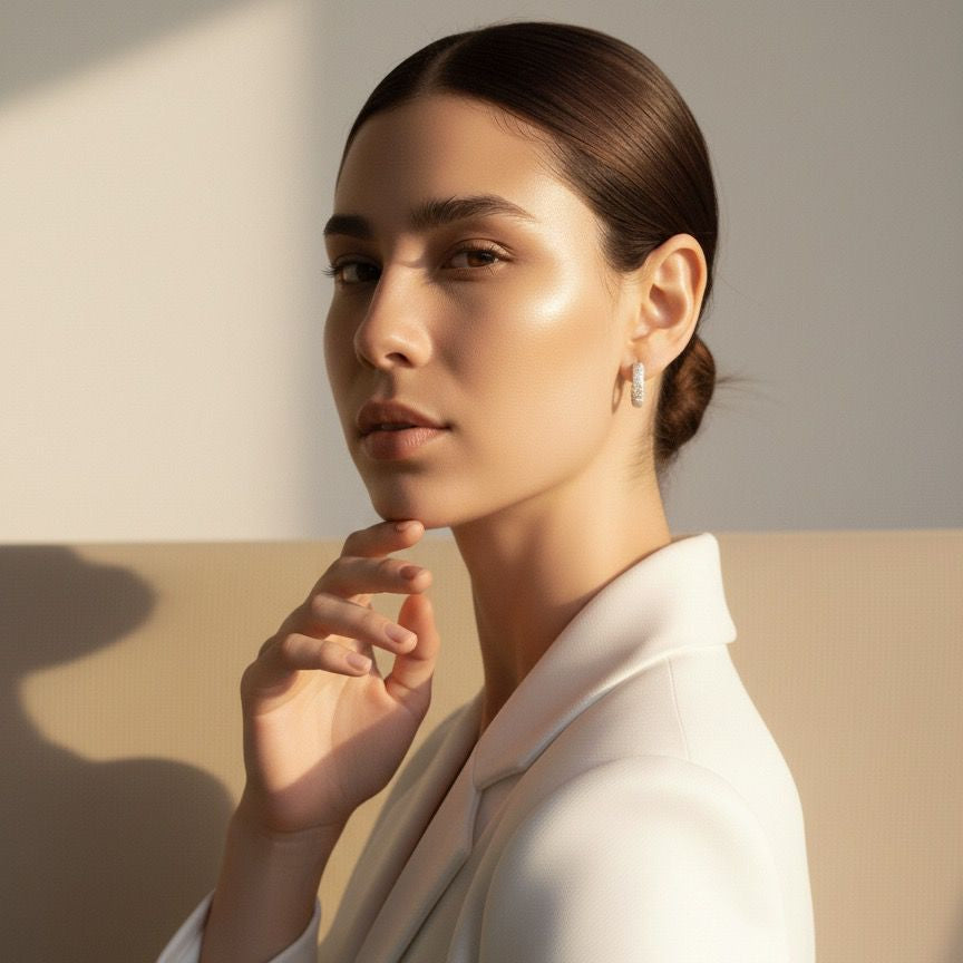 Woman in a white blazer against a neutral background