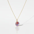 Necklace with a purple pendant featuring a rose on a white background