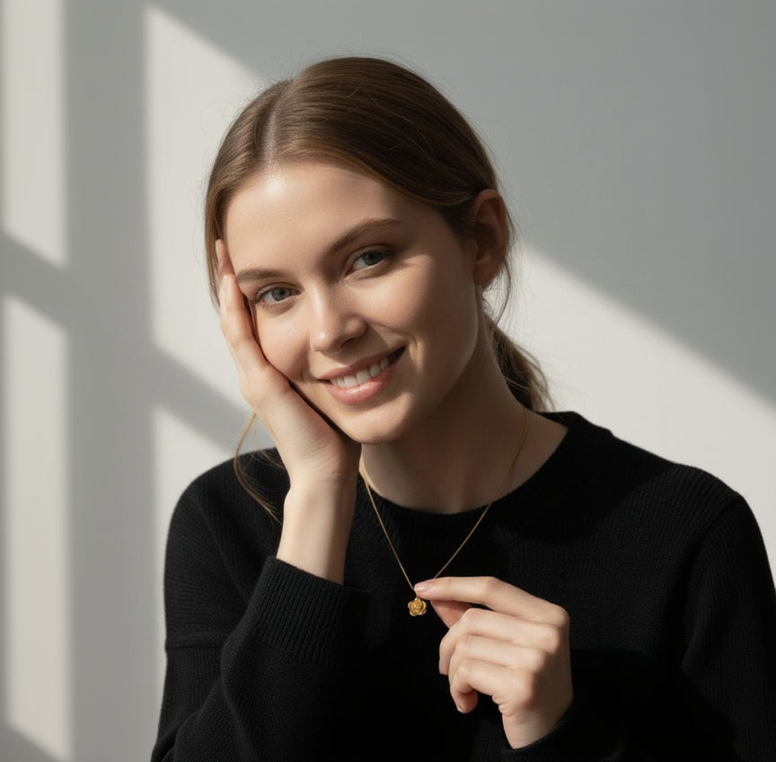 Woman wearing a black sweater and gold necklace, smiling with hand on face.