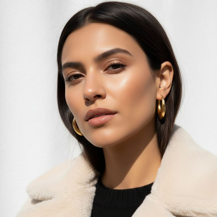 Woman wearing a beige coat with a plain background