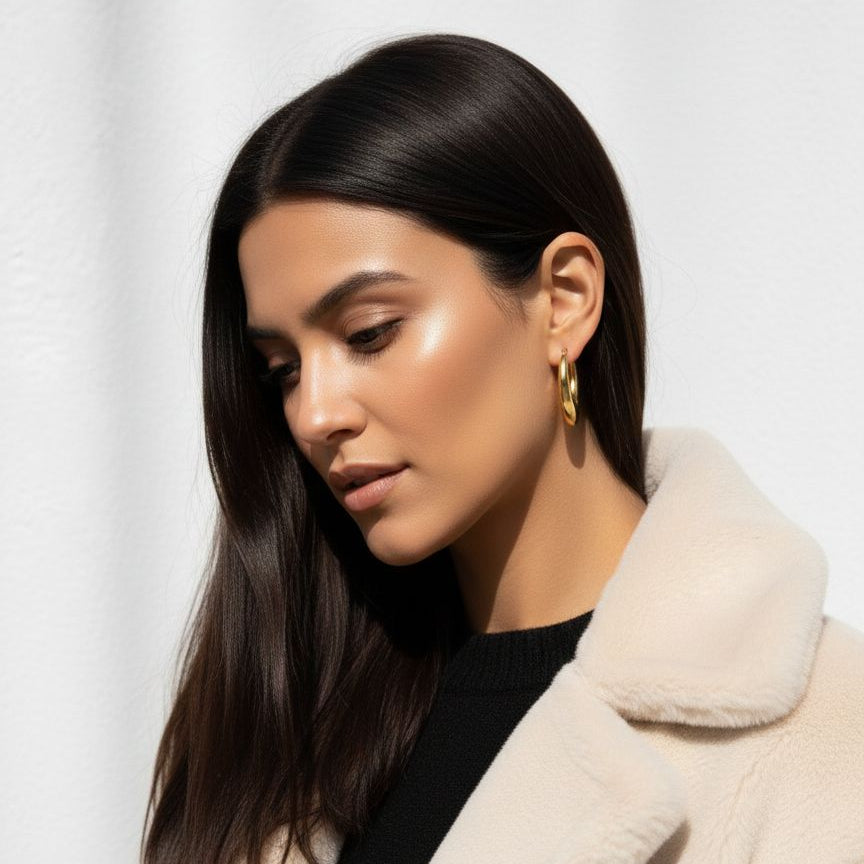 Woman wearing a beige coat against a white background
